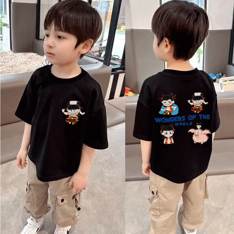 新款纯棉卡通短袖T恤纯色宽松百搭休闲哪吒中大小男女儿童宝宝潮t