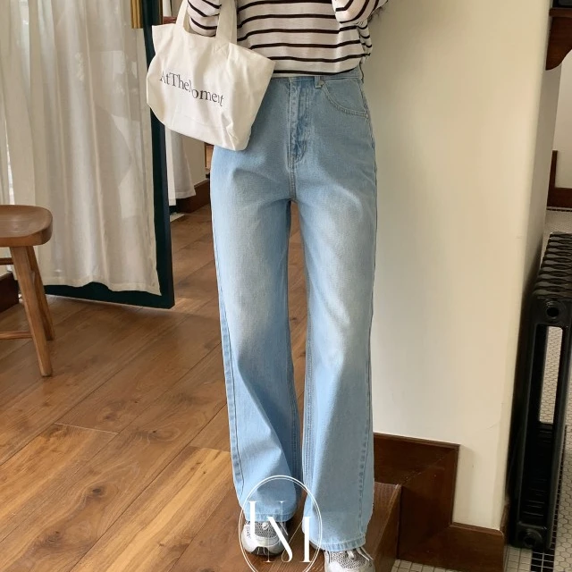 【阔腿牛仔裤女】韩版无弹浅蓝色高腰夏季阔腿牛仔裤女-T725
