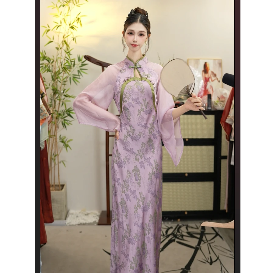 花想容2025春季新款中国风飘逸日常紫色长款连衣裙6586