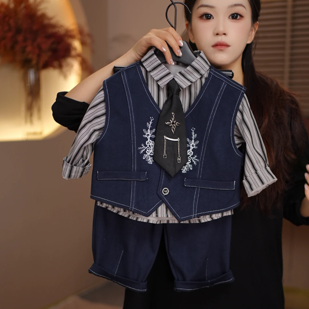 儿童2025秋季男童新款设计休闲韩版西装款百搭条纹衬衫套装25Y096