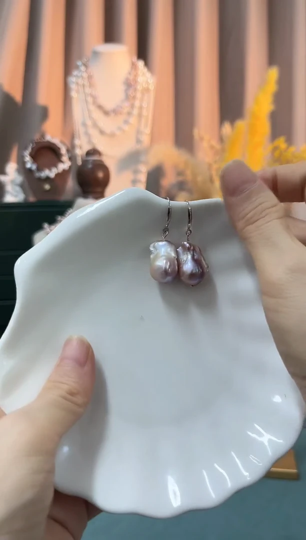 银S925镶嵌耳饰淡水珍珠紫巴洛克耳饰