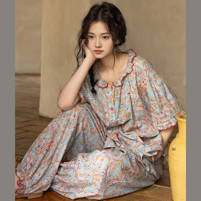 全棉睡衣女夏季纯棉2025新款短袖长裤碎花复古家居服套装宽松休闲