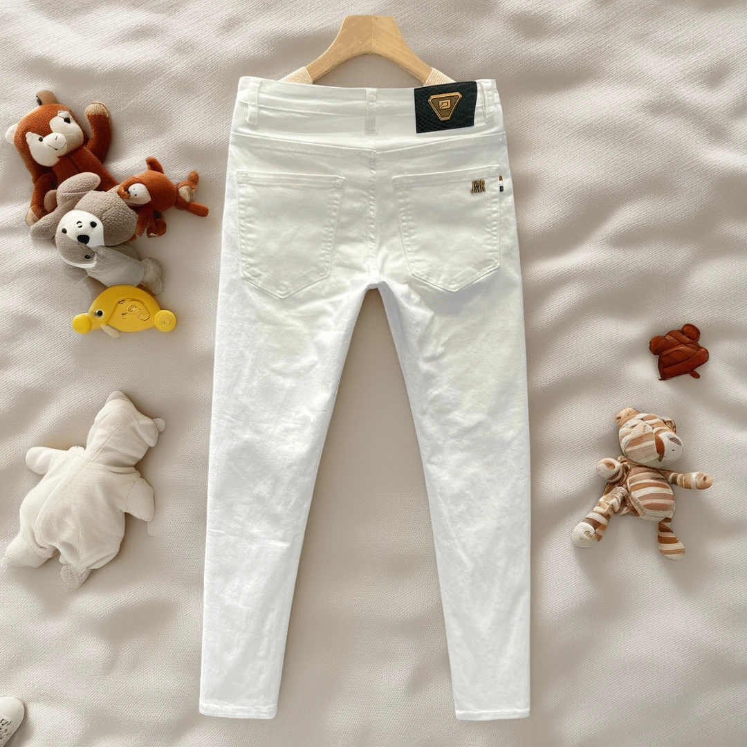 春秋高级感男士白色裤子简约潮男款商务棉质小脚牛仔裤修身九分裤