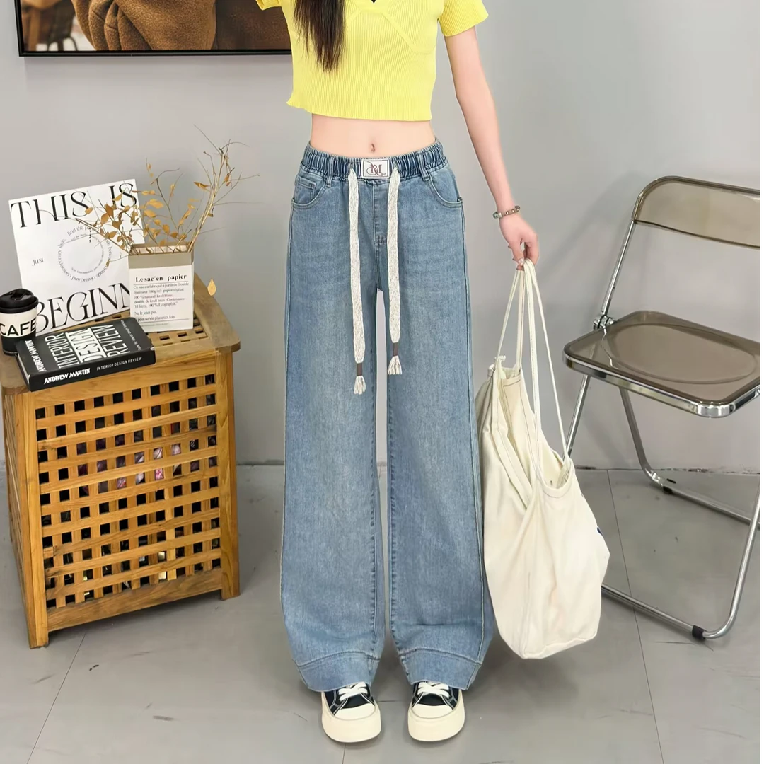 2025新款大码宽松显瘦韩版松紧腰抽绳款牛仔直筒裤