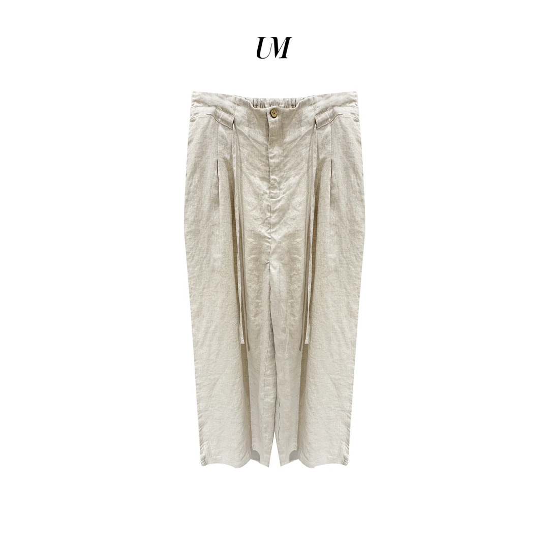 【U.M】设计师款亚麻中高腰阔腿显瘦休闲裤亚麻裤抽绳透气