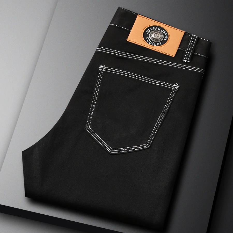 洛尼提日亚新款辑明线黑色牛仔裤男厚秋冬裤青年修身小直筒九分裤