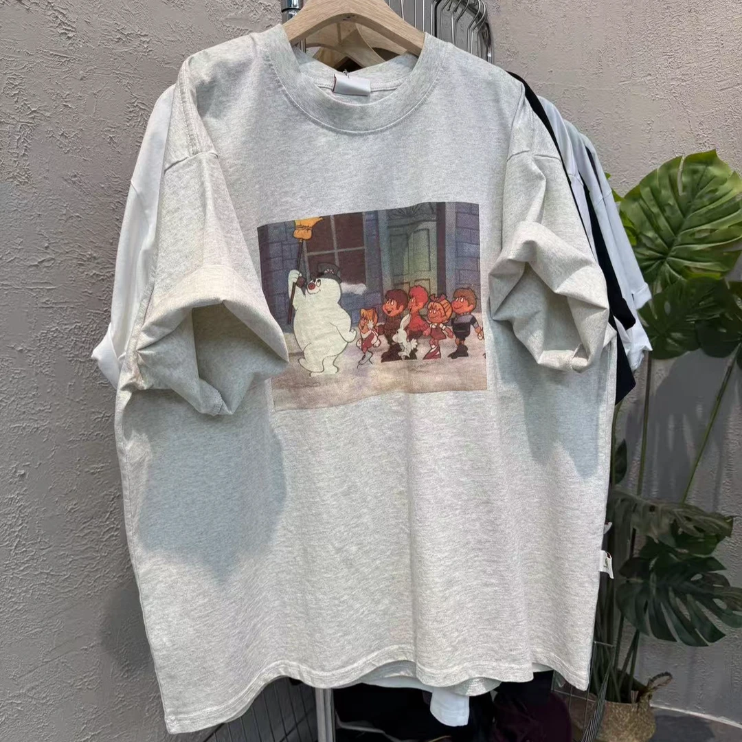 8063新款韩版雪人和小孩印花宽松休闲大版圆领短袖T恤女