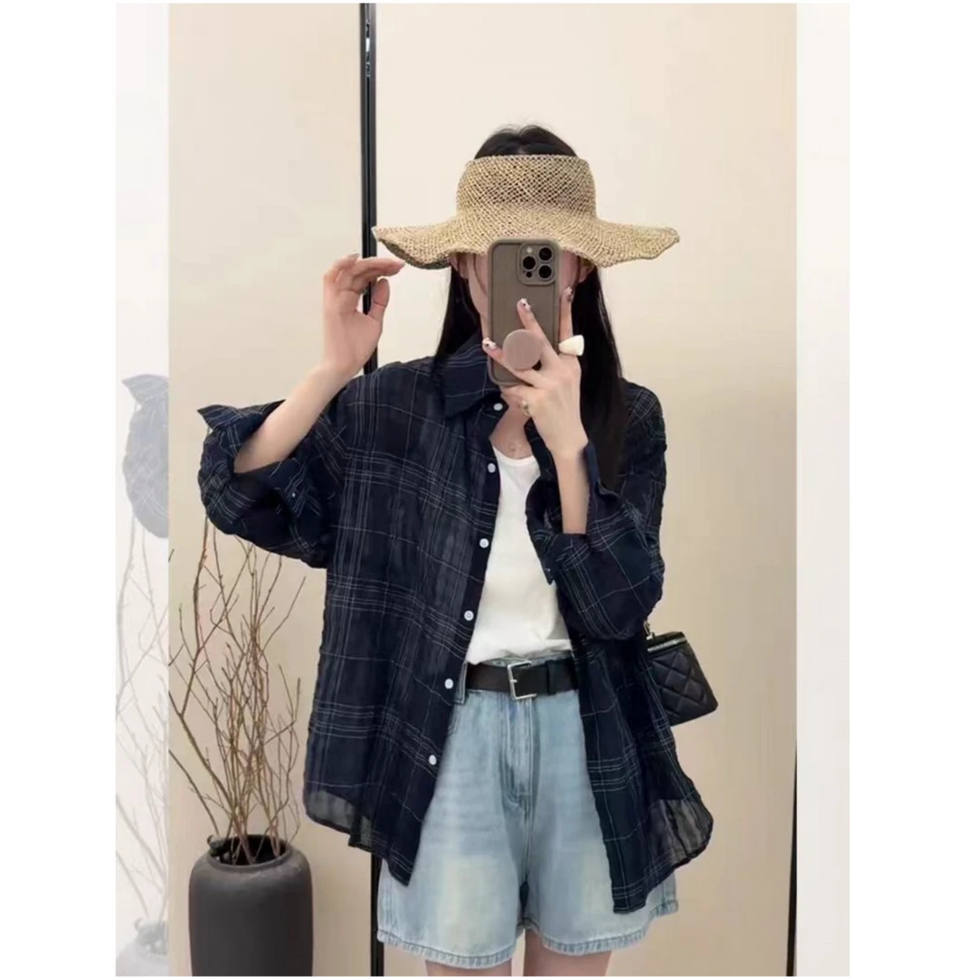 【柚子同款】MZ夏季休闲格子麻料衬衫5135