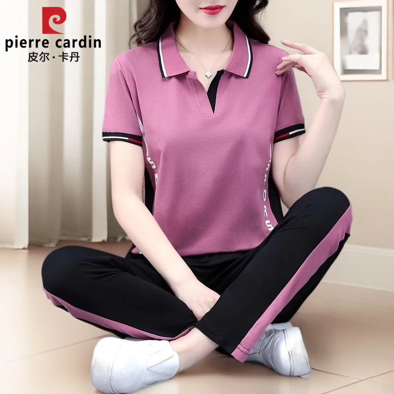 皮尔卡丹纯棉运动服套装夏季2025新款中年女士休闲时尚薄款两件套