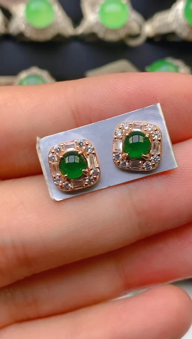 翡翠银S925镶嵌耳饰天然