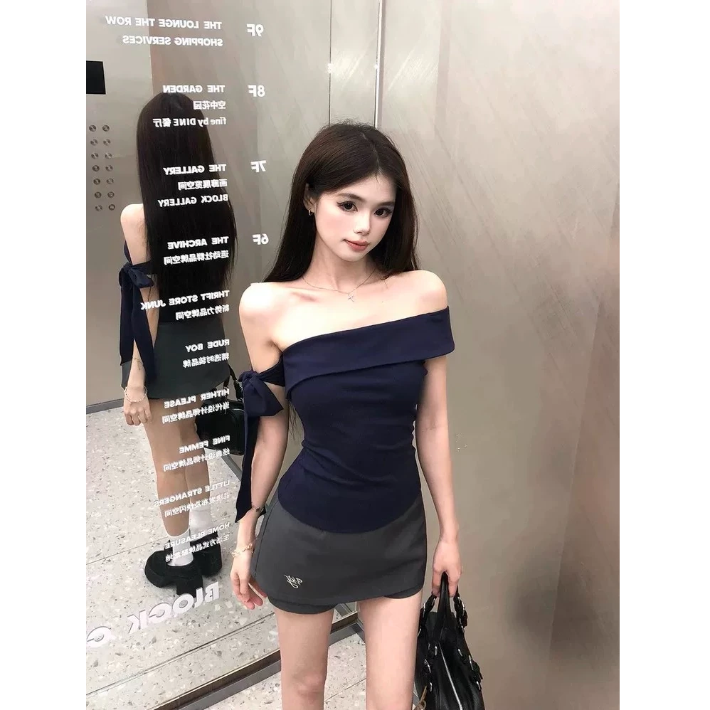 纯欲辣妹修身一字肩上衣半身裙两件套装女设计感露肩t恤短裙夏季