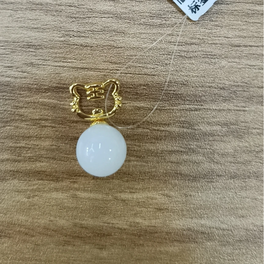 和田玉白玉10mm圆珠S925银虎头吊坠
