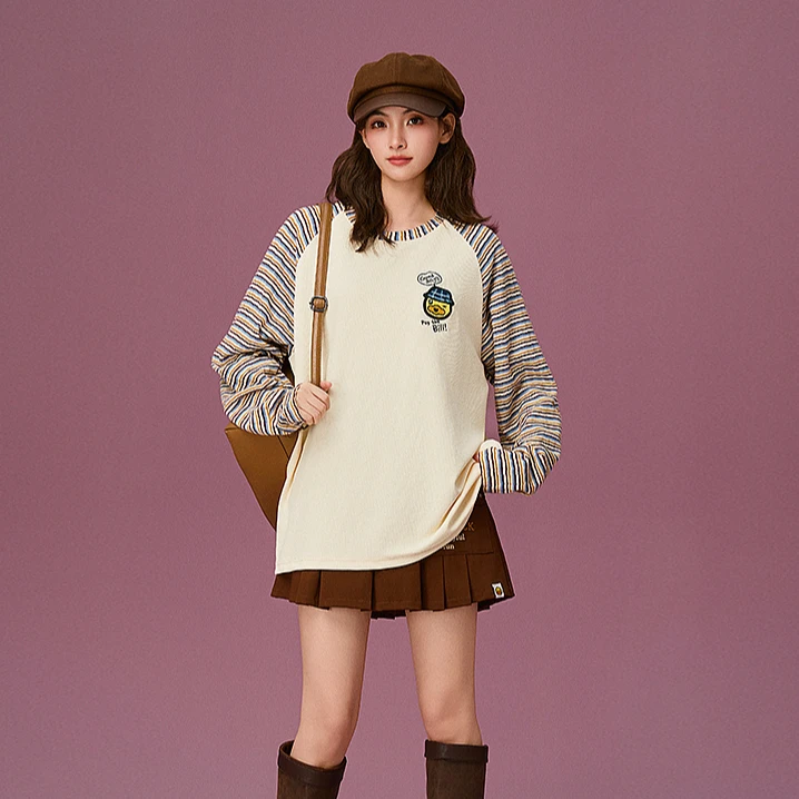 【童心未泯】B.Duck小黄鸭2025春季新款撞色条纹插肩绣花长袖T恤