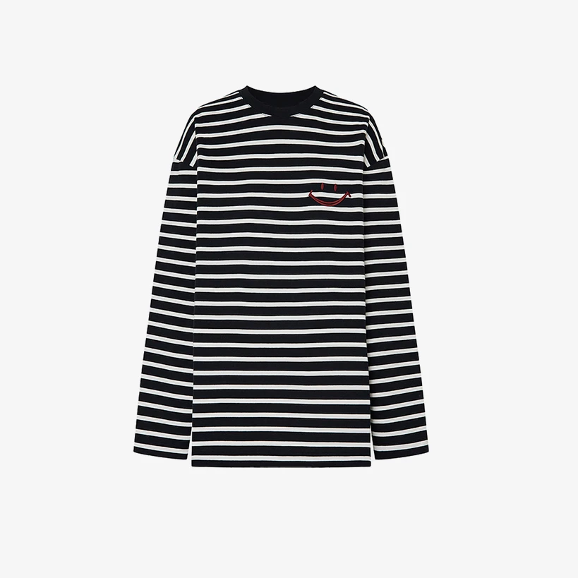 【DZ】容诺 2025秋冬季新品棉条纹绣花笑脸长袖T恤上衣女Z7738