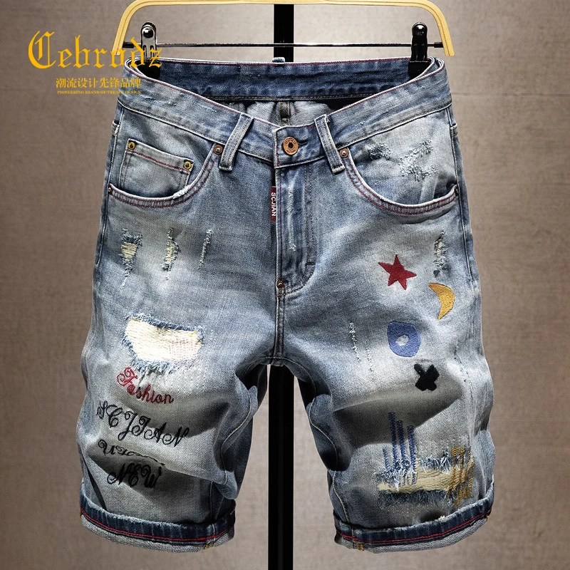 Cebrodz高街破洞牛仔短裤男夏季潮牌个性痞帅刺绣弹力宽松五分裤