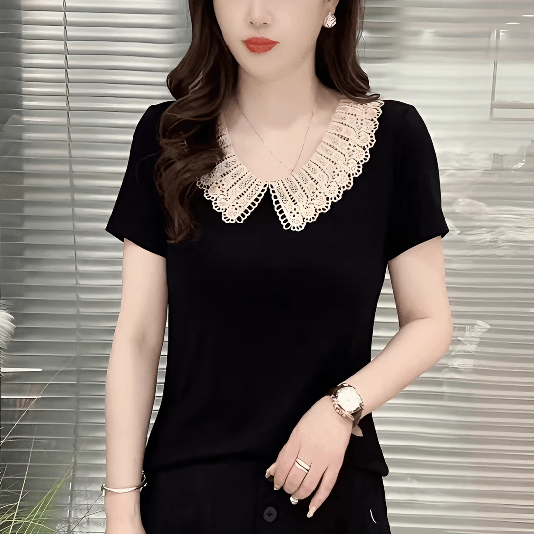 夏季新款短袖T恤蕾丝娃娃领显瘦百搭女装上衣时尚黑色气质小衫