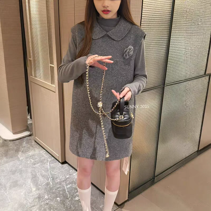 韩系小香风毛呢背心连衣裙A字短裙+T恤遮胯显瘦叠穿两件套秋冬