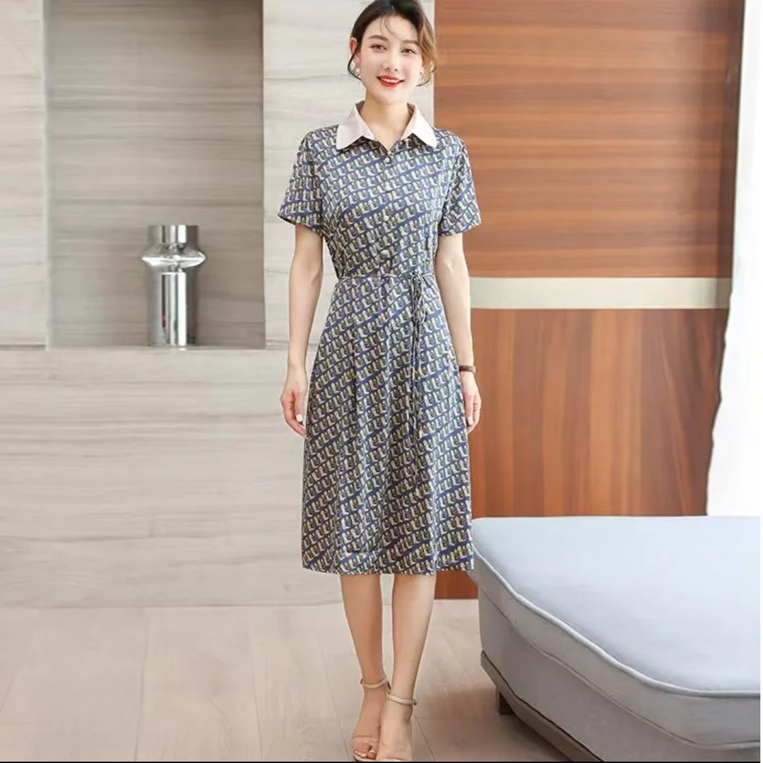 9835-夏季新款中长款翻领短袖气质妈妈装连衣裙女（B仓西货架）
