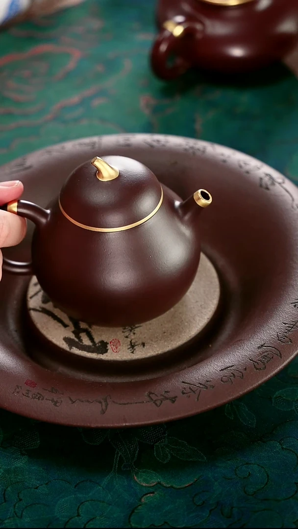 茶壶紫砂四号井茄皮紫泥描金茄瓜