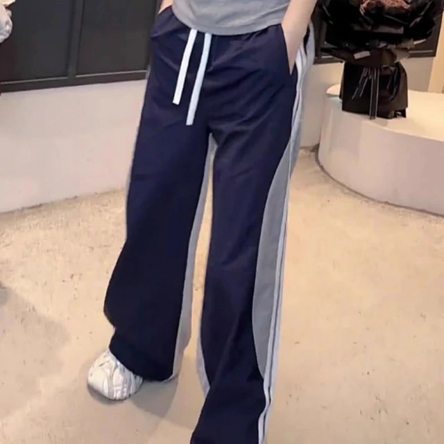 2025夏季薄款大码女装条纹拼色阔腿运动休闲裤高腰宽松显瘦拖地裤