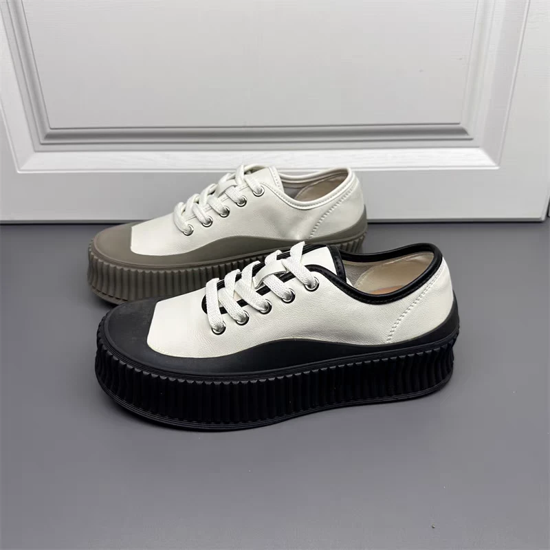 春季厚底休闲板鞋厚底板鞋透气女全皮鞋运动圆头系带板鞋3320