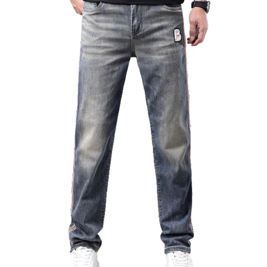 时尚复古怀旧条纹小直筒牛仔裤春夏薄款百搭韩版弹力男士