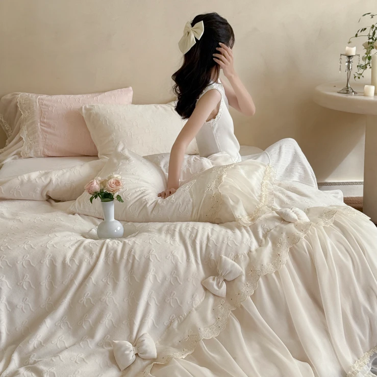 公主风加厚牛奶绒四件套冬季珊瑚绒蕾丝边被套床单双面绒床上用品