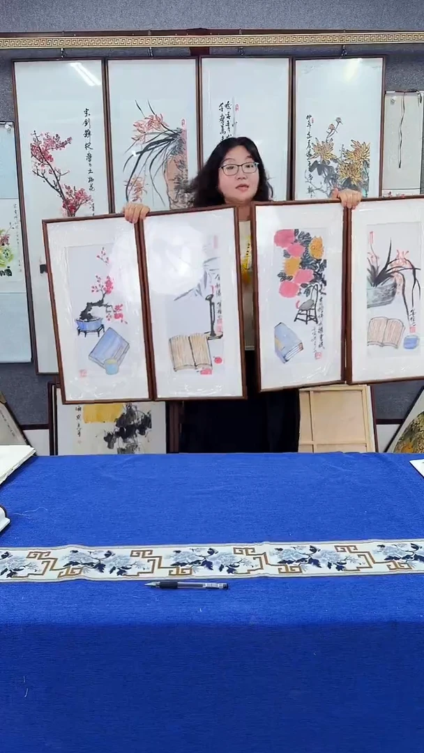 国画精品 四友图 实木画框35*53