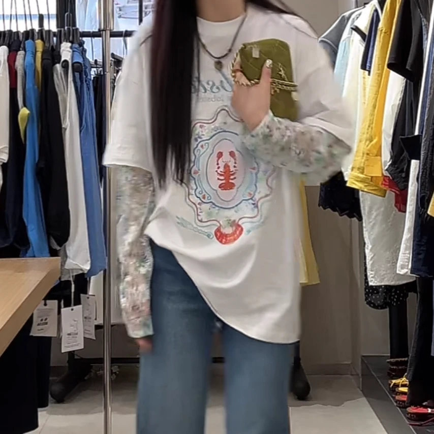 假两件上衣2025新款时尚设计师设计感长袖慵懒风圆领重工洋气T恤