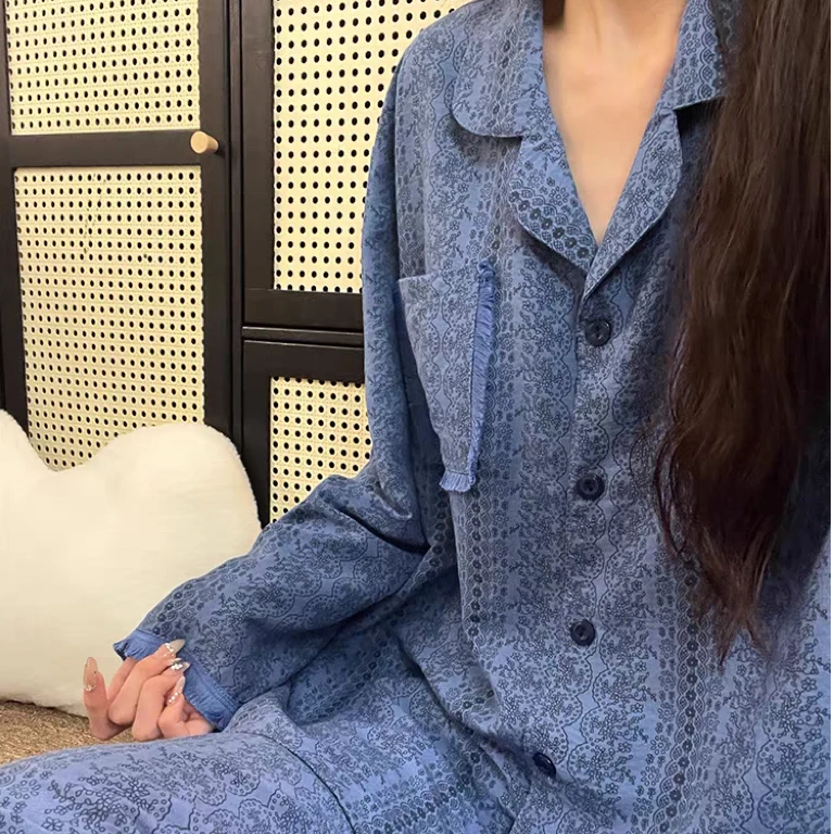 【长袖流苏南法假日】睡衣女春秋季蓝色高级感长袖家居服套装