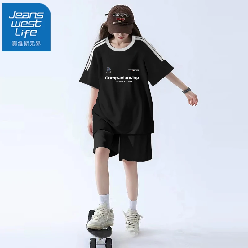 真维斯无界美式复古条杠短袖T恤女2025夏季新款纯棉宽松透气休闲