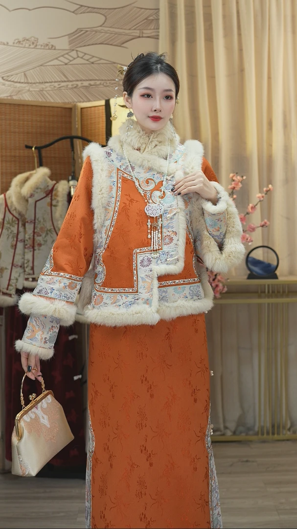 花想容2024冬季新款加绒中式长款中国风复古女装裙（2361+2362）