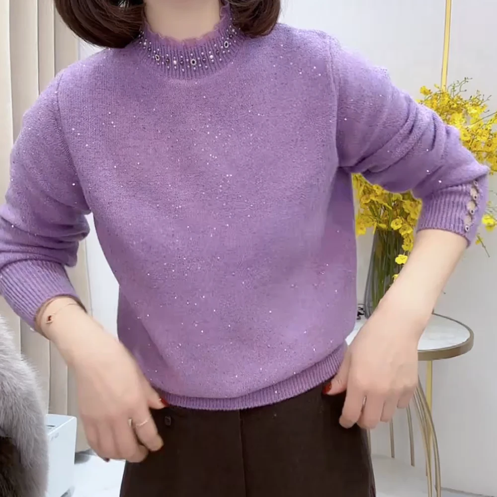 韩系百搭洋气圆领气质领口钉珠蕾丝半高领设计感软糯针织衫上衣女