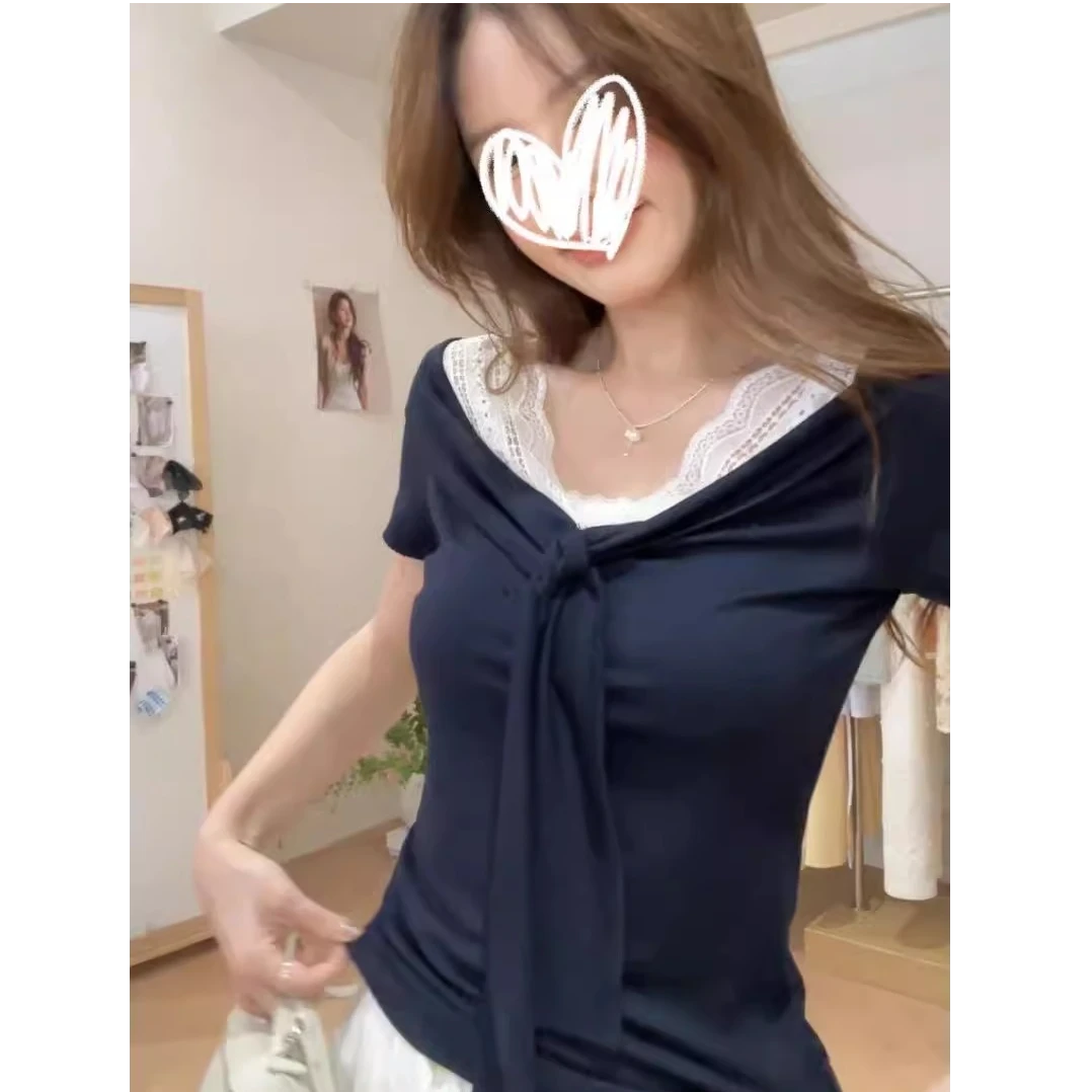 通勤蕾丝韩版短袖拼接蝴蝶结系带时尚V领T恤女夏季法式洋气打底衫