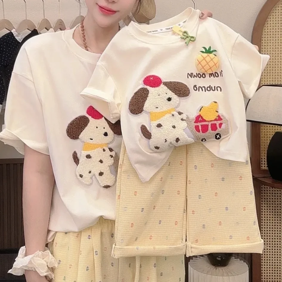 【水果小狗】25新亲子装儿童T恤套装彩虹波点格子裤夏季短袖长袖T恤