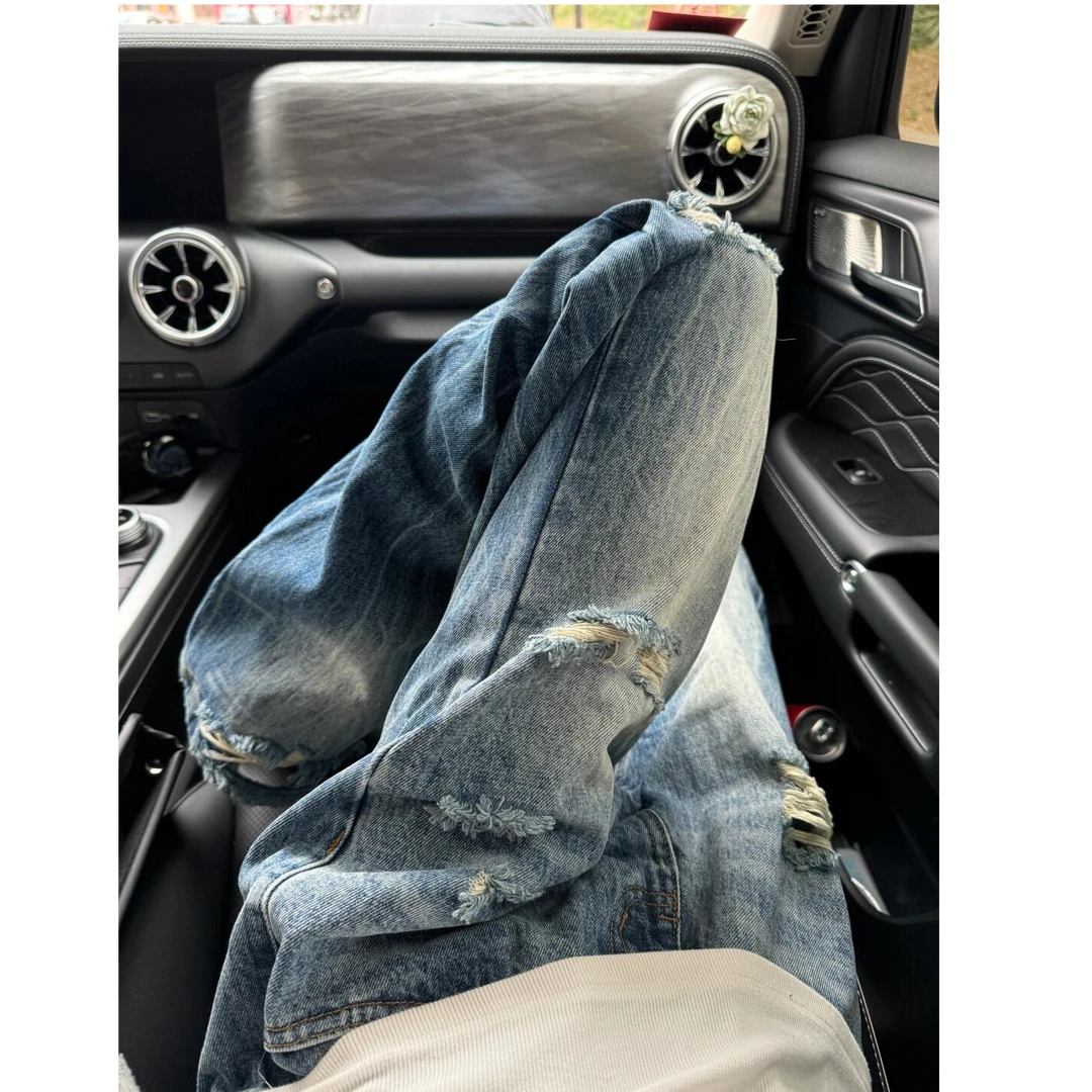 男爆款2025新款高级感春季闪电纹高腰显瘦乞丐拖地阔腿牛仔裤