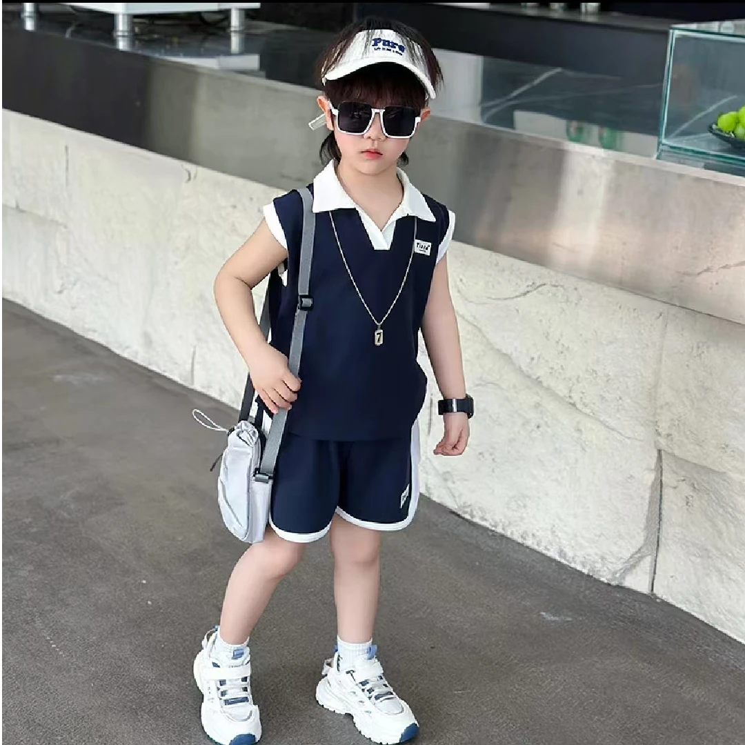 2025新款男童套装男女薄款夏季无袖儿童运动风休闲拼色潮酷两件套