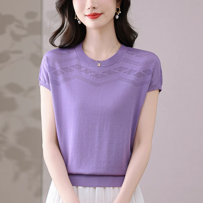 莱赛尔天丝短袖t恤女镂空凉快遮肚显瘦宽松上衣圆领蝙蝠袖小衫