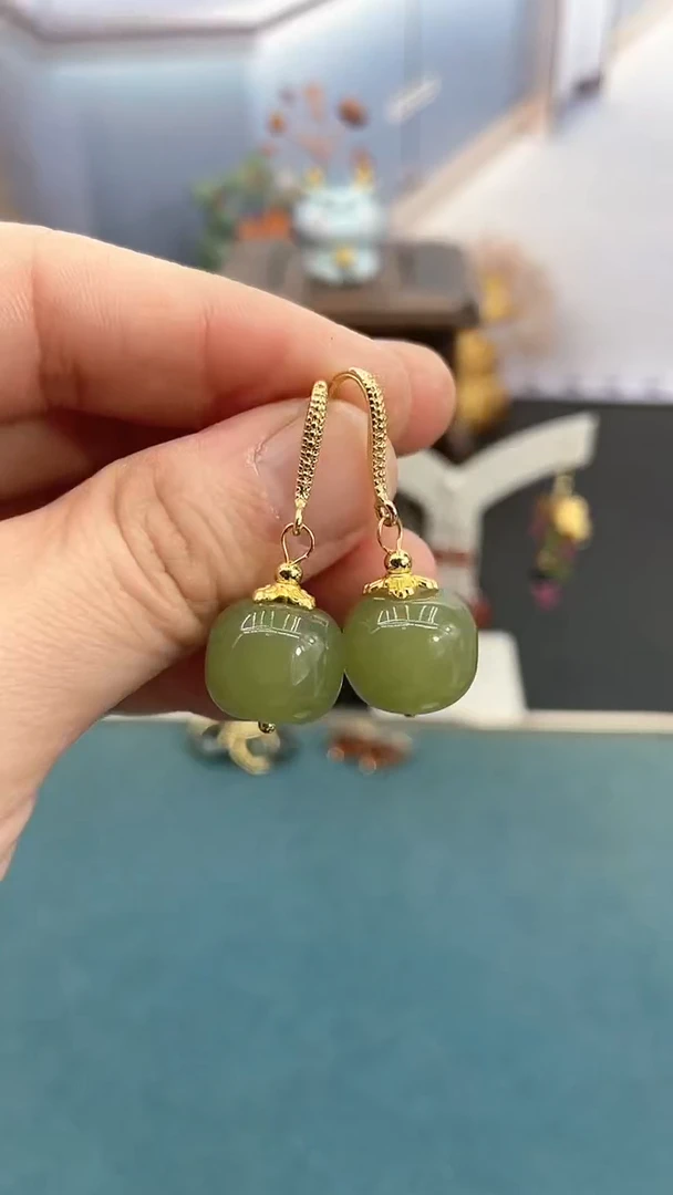 银S925镶嵌和田玉耳饰14mm晴水单珠Y1