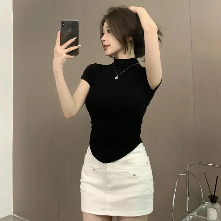 辣妹别致简约收腰显胸大短袖女夏正肩紧身纯色不规则百搭ins上衣