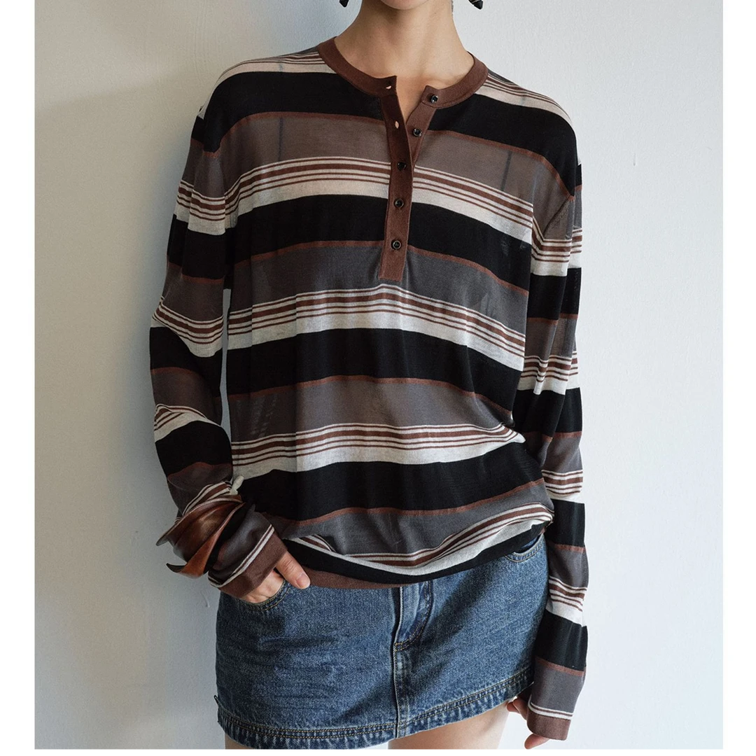 JODIE WANG 早秋新品复古条纹针织衫上衣女V9264