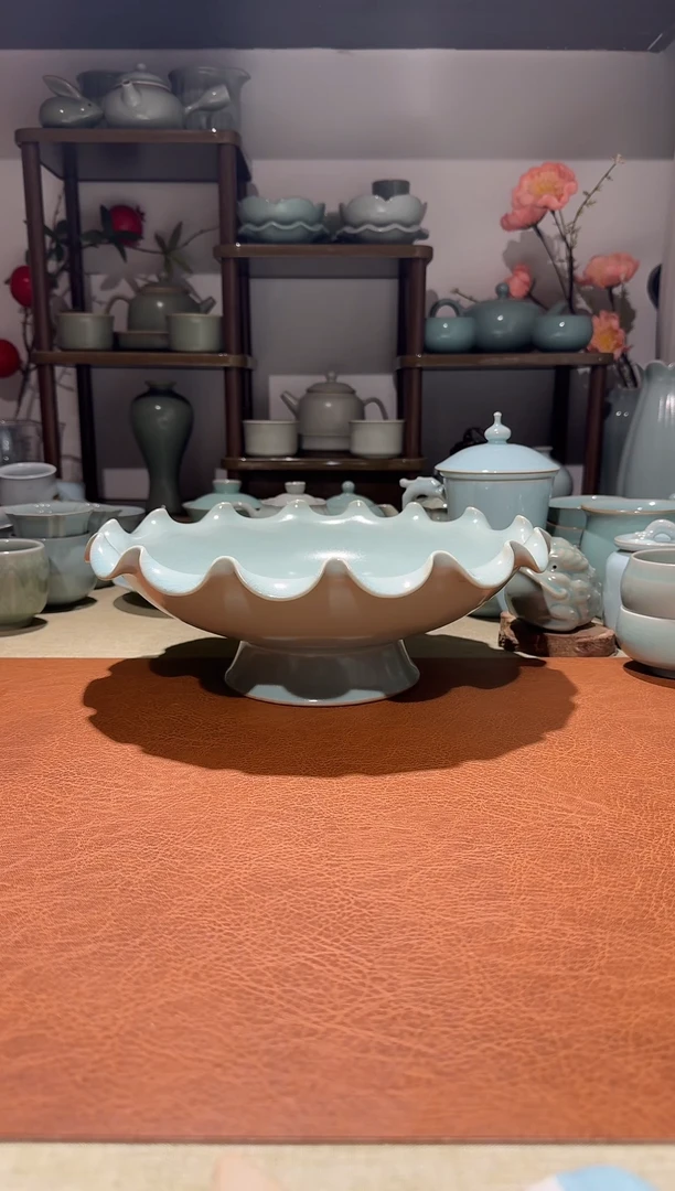 盘瓷全手卷荷高足盘 口径27.5cm高9.5cm 果盘点心盘盆托仿古一级