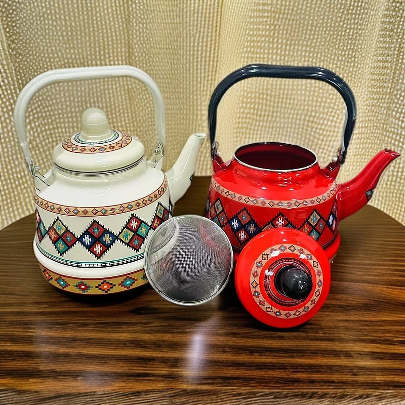 新疆包邮【1.7L方块布纹古钟壶】珐琅红色茶水壶黄色菱形钢柄水壶
