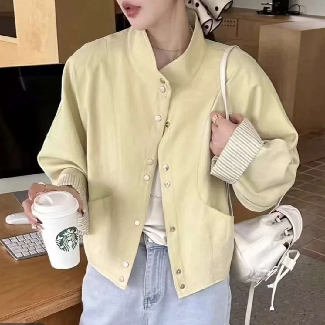 欧洲站设计感袖口拼接条纹立领棒球服短外套女2025春季新款上衣潮
