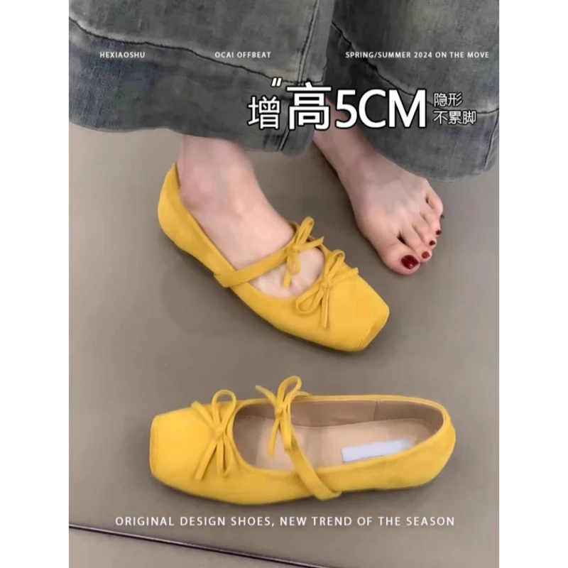 现货发~方头蝴蝶结芭蕾舞鞋温柔法式内增高玛丽珍鞋晚风浅口单鞋