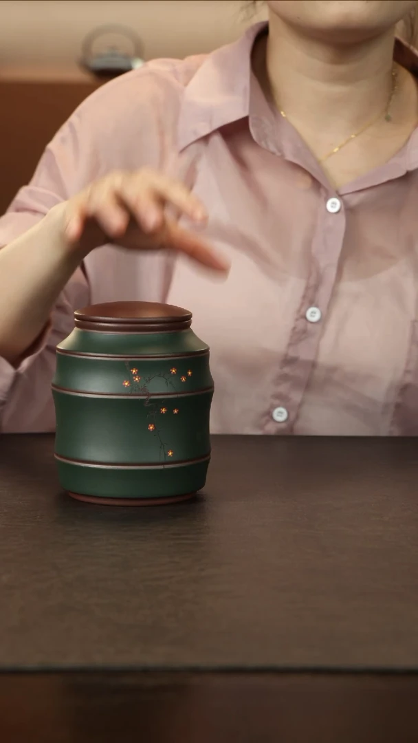 紫砂茶叶罐直播福利绿泥粉浆刻绘梅花茶叶罐