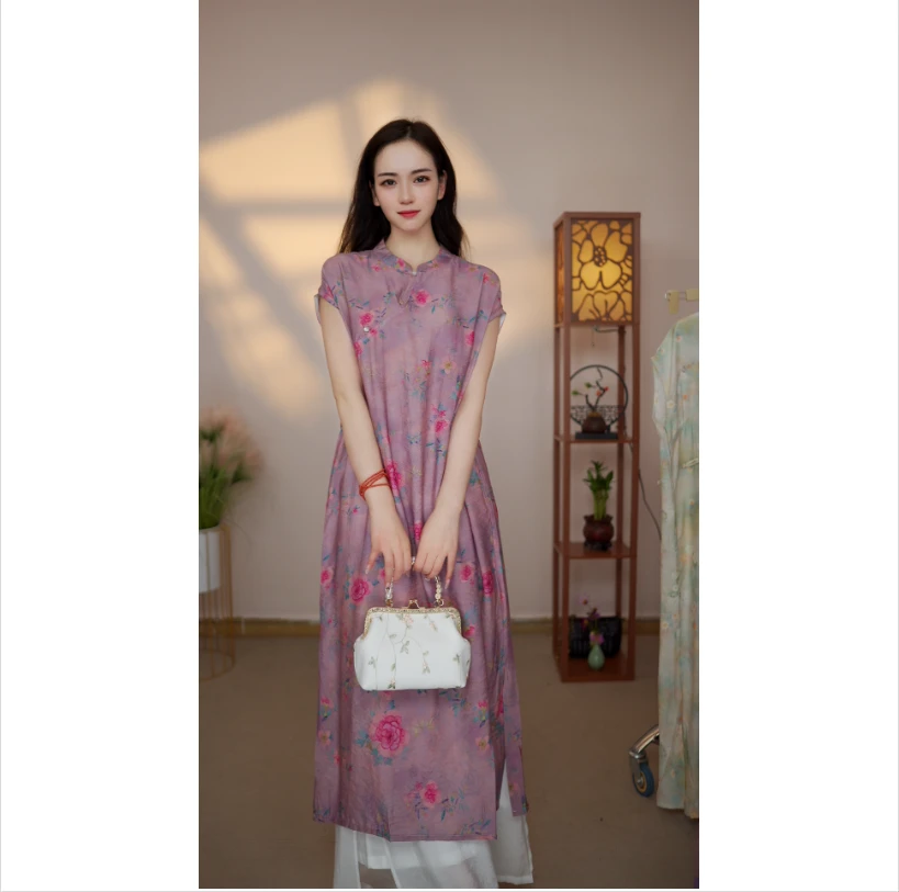 素麻【紫韵玫瑰】月亮袖021新款夏季女装连衣裙新中式气质百搭显瘦