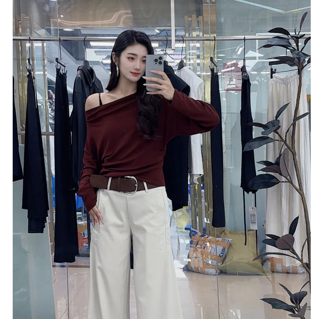 秋季新款韩式慵懒一字肩条纹款长袖t恤女松弛感修身斜肩上衣