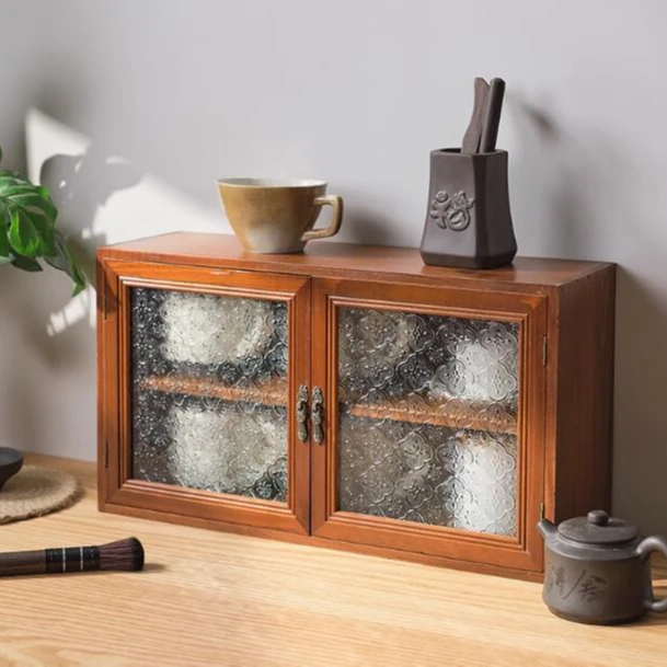 复古实木茶杯收纳柜日系香水化妆品桌面收纳盒玻璃防尘手办展示柜