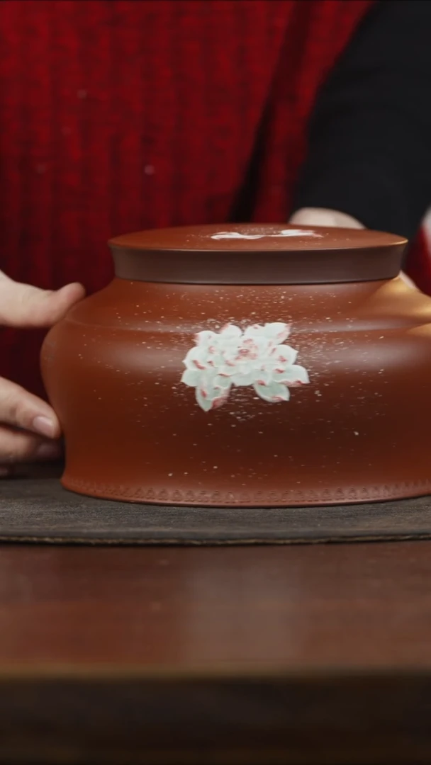 【闪购商品】紫砂茶叶罐平盖朱泥泥绘荷花茶叶罐